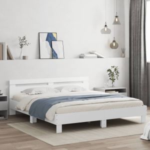 Cama com cabeceira e luzes LED 160x200 cm branco