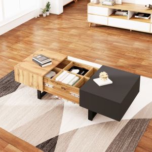 Mesa de centro deslizante com arrumação natural e antracite 55x100x40cm