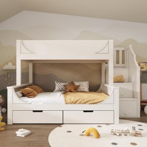 Beliche infantil 90x200/140x200cm com armário, gavetas e escada branca