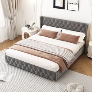 Cama de veludo 180x200cm com estrado e cabeceira cinzento