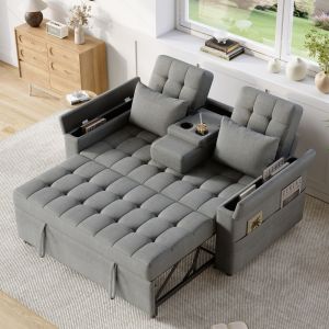 Sofá-cama 2 lugares em tecido cinzento com arrumação e encosto ajustável
