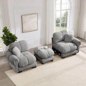 Sofá modular em l chenille cinzento claro 2 lugares com otomana
