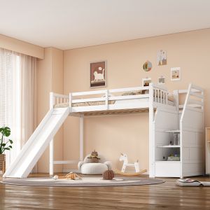Cama infantil 90x200cm com escorrega e arrumação madeira – branco