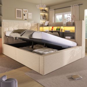 Cama estofada 140x200cm com colchão com arrumação e LED linho – bege
