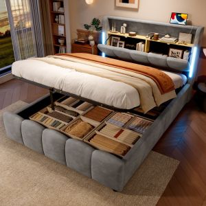 Cama estofada 140x200cm com arrumação LED e usb tipo c veludo cinzento