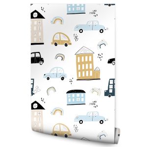 Papel de parede cars casas em tons pastel para quarto das crianças