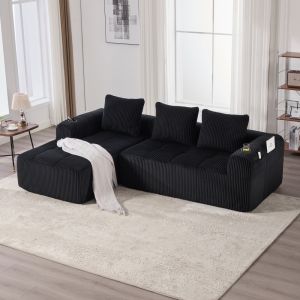 Sofá modular em bombazina preto 4 lugares com bolsos laterais e porta-copos