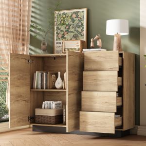 Aparador com 2 portas e 4 gavetas natural e preto 90.5x120x35.5cm