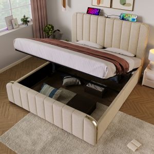 Cama estofada 140x190cm com arrumação e carregamento metal e linho – bege