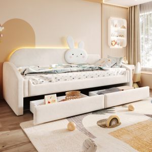 Sofá cama infantil 90x200 cm com arrumação LED veludo bege