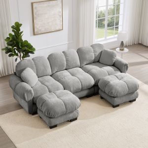 Sofá em u 3 lugares em chenille cinzento claro com otomana móvel