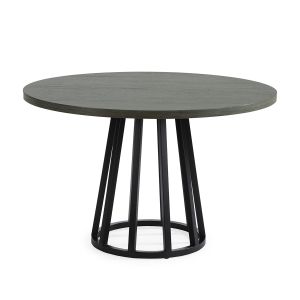 Mesa de jantar 120x120x75 em madeira cinza, com detalhes em metal preto.