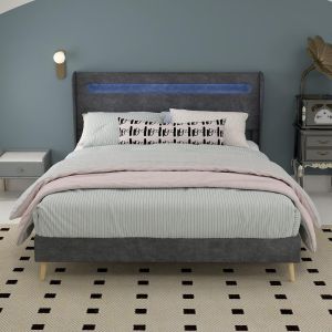 Cama com cabeceira LED suave 140x200cm para quarto, cinzento
