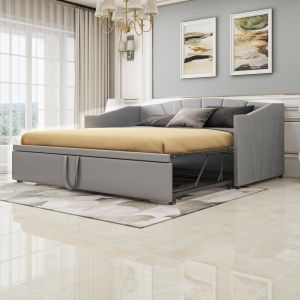 Sofá-cama extensível 90x200/180x200 cm com ripas, veludo cinzento