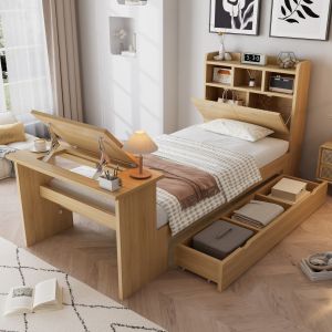 Cama juvenil 90x200cm com arrumação e mesa dobrável madeira – natural