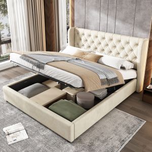 Cama estofada 140x200cm com arrumação veludo bege