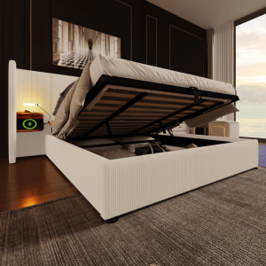 Cama estofada 180x200cm com arrumação, luz de leitura e usb – cor bege