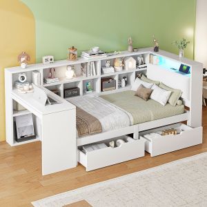Cama de madeira em forma de l, 90x200, branca