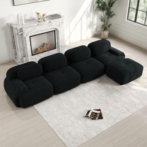 Sofá modular de canto em bombazina preto 4 lugares com chaise longue