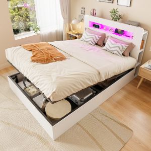 Cama com arrumação 140x200cm com LED e tomadas madeira – branco