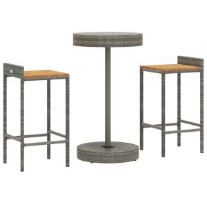 vidaXL mesa y taburetes altos jardín 3 pzas madera y ratán pe gris