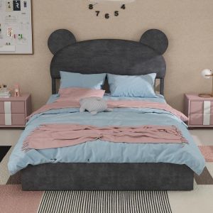 Cama 140x200cm cinzenta com arrumação elevatória e cabeceira cartoon
