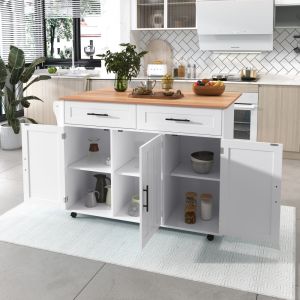 Ilha de cozinha com mesa dobrável 2 gavetas branco natural 91x129x71cm
