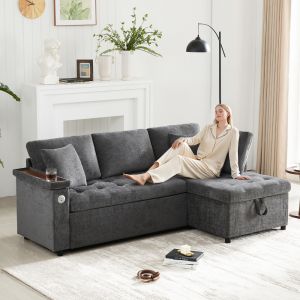 Sofá-cama de canto em l cinzento escuro 3-4 lugares arrumação usb