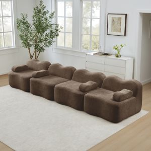 Sofá modular ondulado em veludo castanho 4 lugares com assento fundo