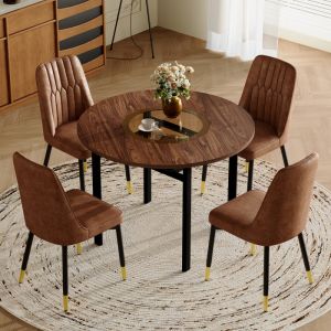 Conjunto mesa e cadeiras redonda mdf e vidro castanho com 4 cadeiras