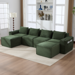 Sofá modular em bombazina verde 4 lugares com 2 pufes e porta copos