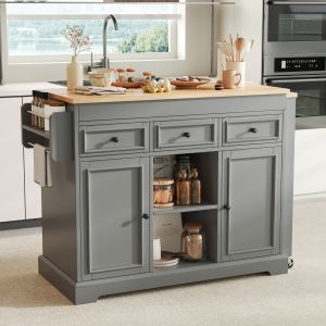 Ilha de cozinha com rodas e 3 gavetas cinzento 92x188x45cm