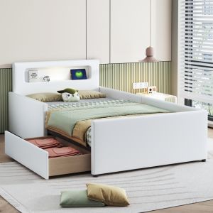 Cama estofada infantil 90x200cm com luz noturna usb arrumação branco