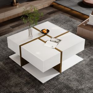 Mesa de centro quadrada com 4 gavetas branco 34,8x78x78cm