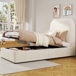 Cama infantil 90x200cm com arrumação hidráulica veludo – bege