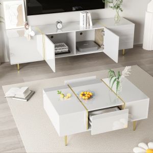 Conjunto móvel de tv e mesa de centro branca brilhante 46x170x35cm