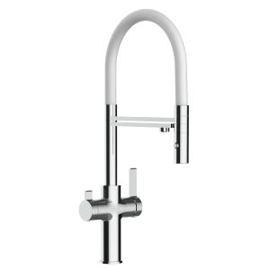 Grifo cocina 4 vías cromado caño giratorio blanco flexible ducha 2chorros