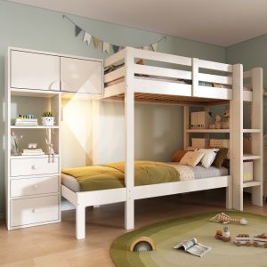 Beliche 90x200cm com arrumação escada e luz noturna metal e madeira branco