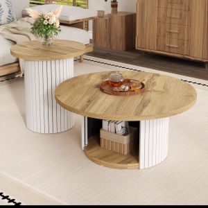 Mesa de centro dupla redonda mdf natural 50x75x75cm