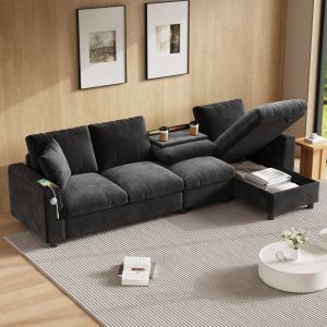 Sofá de canto reversível em chenille cinzento 4 lugares com arrumação