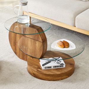 Mesa de centro moderna em vidro transparente e madeira