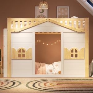Cama casinha 90x200cm com janela e escada reversível pinus – branco