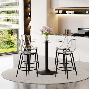 Conjunto mesa alta em vidro e metal preto com 4 bancos transparentes 89 cm