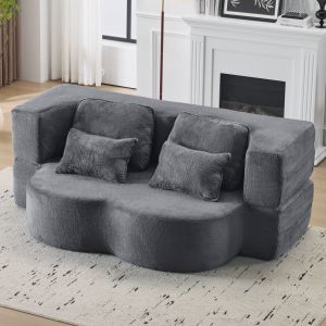 Sofá cama dobrável de chão em tecido macio azul e cinzento com 4 almofadas