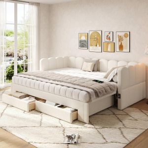 Sofá cama extensível 180cm com arrumação e 2 gavetas 90x200cm bege