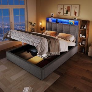 Cama estofada 90x200cm com usb LED e arrumação cinza
