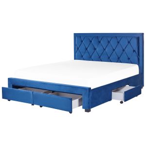 Cama com gavetas de arrumação lievin veludo azul marinho 180 x 200 cm