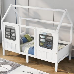 Cama casinha individual 200x90cm com janelas madeira mdf – branco