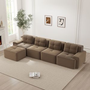 Sofá modular com chaise longue em bombazina castanho 4 lugares