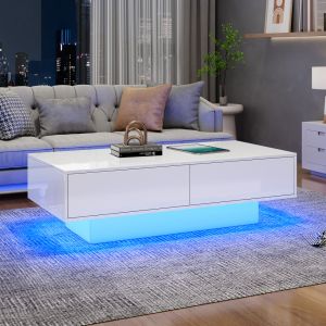 Mesa de centro branca brilhante com 2 gavetas e luz LED 34x115x55cm